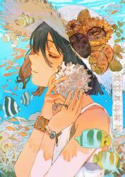 Rule 34 | 1girl, animal, bare shoulders, black hair, buchi (qooo003), closed eyes, commentary request, conch, coral, dress, fish, flower, from side, hair between eyes, hands up, hat, hat flower, highres, holding, ocean, original, parted lips, profile, sleeveless, sleeveless dress, solo, straw hat, sunflower, water, white dress, white hat, yellow flower