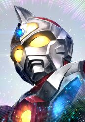 Rule 34 | 1boy, armor, bettle (b s a n), glowing, glowing eyes, grey background, gridman (character), gridman universe, gridman universe (film), highres, male focus, solo, ssss.gridman, tokusatsu, upper body, yellow eyes