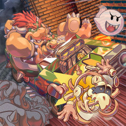 Rule 34 | 2boys, :d, armlet, black eyes, boo (mario), bowser, bowser jr., bracelet, brick wall, car, castle, closed eyes, cloud, collar, commentary, driving, dry bones, engine, english commentary, exhaust pipe, fangs, floating, ghost, gloves, grin, horns, jewelry, mario (series), mario kart, mario kart wii, masa (bowser), lava, motor vehicle, multicolored hair, multiple boys, night, nintendo, no humans, open mouth, red hair, revision, sharp teeth, shell, shoshinsha mark, sitting, skeleton, smile, solid oval eyes, speed lines, spiked armlet, spiked bracelet, spiked collar, spiked shell, spikes, streaked hair, teeth, thick eyebrows, tire, upper teeth only, wheel