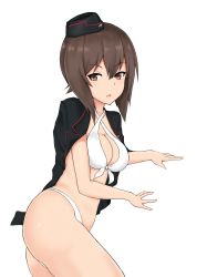 Rule 34 | 10s, 1girl, ass, blush, breasts, brown eyes, brown hair, cleavage, girls und panzer, highres, looking at viewer, lying, maruyaa (malya1006), nishizumi maho, on side, open mouth, solo, swimsuit