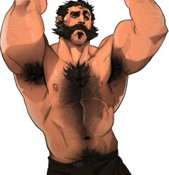 Rule 34 | 1boy, armpit hair, artist name, bara, beard, black hair, black pants, blush, chest hair, chris sdd, facial hair, graves (league of legends), highres, league of legends, looking to the side, male focus, mature male, muscular, muscular male, navel, nipples, pants, pectorals, short hair, simple background, solo, topless male, white background