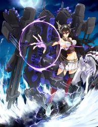 Rule 34 | 10s, 1girl, 2girls, abyssal ship, bare shoulders, big.g, black hair, breasts, brown hair, cannon, elbow gloves, fingerless gloves, full moon, gloves, grey background, gun, hair ornament, hairband, headgear, highres, kantai collection, long hair, machine gun, midriff, moon, multiple girls, nagato (kancolle), navel, personification, red eyes, skirt, smile, solo focus, thighhighs, turret, unconscious, water, weapon, wo-class aircraft carrier