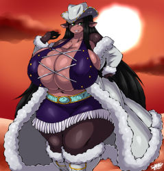 Rule 34 | 1girl, animal ears, black hair, breasts, cosplay, cow, cow ears, curvy, dessert background, gigantic breasts, hat, huge breasts, large female, looking at viewer, nico robin, one piece, sand, solo, summer (jwinkz), sun, sunset, superix, tagme, thick thighs, thighs, wide hips