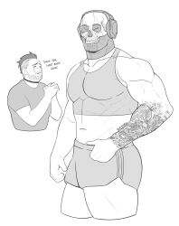 Rule 34 | 2boys, absurdres, arm tattoo, artist name, bara, call of duty, call of duty: modern warfare 2, choker, closed eyes, crop top, crying, dilfborne (ventiskull), facial hair, ghost (modern warfare 2), greyscale, headphones, highres, large pectorals, male focus, mask, monochrome, multiple boys, muscular, muscular male, own hands together, pectorals, praying, shirt, short hair, shorts, skull mask, soap (modern warfare 2), streaming tears, tattoo, tears