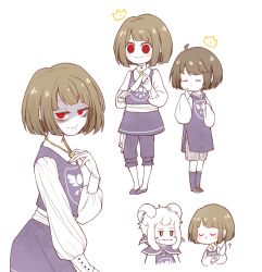 Rule 34 | 1boy, alternate costume, androgynous, asriel dreemurr, blush, blush stickers, brown hair, chara (undertale), crazy eyes, crown, eleanor (ohmyeleanor), evil smile, closed eyes, frisk (undertale), furry, heart, heart necklace, horns, jewelry, kneehighs, knife, long sleeves, looking at viewer, monster boy, necklace, puffy long sleeves, puffy sleeves, red eyes, robe, sash, shaded face, shoes, shorts, simple background, smile, socks, spoilers, sweatdrop, undertale, white background