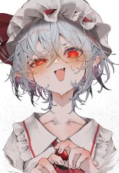 Rule 34 | 1girl, @ @, absurdres, ascot, blue hair, blush, collarbone, collared shirt, fang, frilled shirt collar, frills, grey hair, hat, hat ribbon, highres, looking at viewer, mob cap, nail polish, open mouth, pointy ears, red ascot, red eyes, red ribbon, remilia scarlet, ribbon, shirt, short hair, simple background, solo, touhou, tsune (tune), upper body, white background, white hat, white shirt