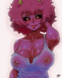 Rule 34 | 10s, 1girl, :p, arm at side, arm up, armpits, artist name, ashido mina, backlighting, bad id, bad pixiv id, bare shoulders, black sclera, boku no hero academia, breasts, breasts apart, camisole, closed mouth, collarbone, colored sclera, colored skin, covered erect nipples, curly hair, drooling, hand in own hair, heart, heart-shaped pupils, highres, horns, large breasts, lips, medium hair, messy hair, nipples, no bra, off shoulder, pink hair, pink skin, purple skin, randomboobguy, sagging breasts, see-through, shiny skin, short hair, smile, solo, strap slip, sweat, symbol-shaped pupils, tank top, toned, tongue, tongue out, torn camisole, torn clothes, upper body, veins, veiny breasts, wet, wet clothes, white camisole, yellow eyes