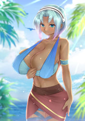 Rule 34 | 1girl, bare legs, bare shoulders, beach, belly, bird, blue eyes, blue hair, blue sky, blush, bra, breasts, cloud, cloudy sky, dark-skinned female, dark skin, female focus, godzilla: city on the edge of battle, godzilla: planet of the monsters, godzilla: the planet eater, godzilla (series), hands on own ass, happy, headgear, highres, houtua, huge breasts, looking at viewer, multicolored hair, navel, ocean, outdoors, pink hair, polygon pictures, shiki 2046, shiny skin, short hair, sky, smile, solo, stomach, sun, tani yuko, thighhighs, thighs, toho, tree, tribal, tribal clothes, tribe, underwear