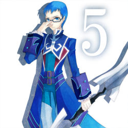 Rule 34 | 1boy, adjusting eyewear, bad id, bad pixiv id, blue eyes, blue hair, glasses, hubert ozwell, male focus, matching hair/eyes, solo, sword, tales of (series), tales of graces, three plates, weapon, white background