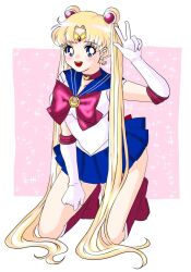 1girl bishoujo_senshi_sailor_moon blonde_hair blue_eyes blue_sailor_collar bow choker crescent crescent_earrings double_bun earrings elbow_gloves gloves hair_bun hair_ornament heart heart_choker highres jewelry kneeling long_hair red_bow red_choker robin_712754 sailor_collar sailor_moon sailor_senshi_uniform smile solo transformation_brooch_(sailor_moon) tsukino_usagi twintails v white_background white_gloves