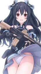 Rule 34 | 1girl, bare shoulders, black dress, black hair, blush, bow, bow panties, breasts, clothes lift, dress, dress lift, elbow gloves, embarrassed, fingerless gloves, flustered, giga-tera, gloves, gun, hair ribbon, holding, holding gun, holding weapon, long hair, looking at viewer, neptune (series), panties, red eyes, ribbon, rifle, scope, small breasts, sniper rifle, solo, strapless, strapless dress, sweat, tears, trigger discipline, tsundere, two side up, underwear, uni (neptunia), upset, upskirt, weapon, white panties, wind, wind lift