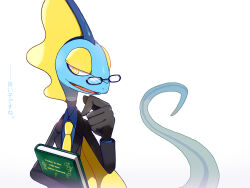 Rule 34 | 1boy, black-framed eyewear, black jacket, black skin, blue shirt, blue skin, book, bright pupils, clothed pokemon, collared shirt, colored skin, creatures (company), english text, engrish text, fins, formal, furry, furry male, game freak, gen 8 pokemon, glasses, half-closed eyes, hand to own mouth, hand up, head fins, holding, holding book, inteleon, jacket, japanese text, kiki (431642), lizard tail, long sleeves, male focus, multicolored skin, necktie, nintendo, open mouth, pince-nez, pokemon, pokemon (creature), ranguage, reptile boy, shirt, simple background, solo, standing, suit, tail, tail raised, translation request, upper body, white background, white pupils, yellow eyes, yellow necktie, yellow skin