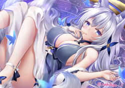 Rule 34 | 1girl, absurdres, animal ears, azur lane, blue eyes, breasts, bug, butterfly, choker, cleavage, commentary request, dress, finger to mouth, fox ears, fox girl, fox tail, grey dress, hair between eyes, hair ornament, highres, insect, kitsune, kyuubi, long hair, looking at viewer, makihige, multiple tails, official alternate costume, parted lips, shinano (azur lane), shinano (dreams of the hazy moon) (azur lane), sidelocks, silver hair, solo, tail, twitter username