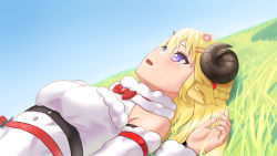 Rule 34 | 1girl, ahoge, animal ears, bare shoulders, blonde hair, bow, bowtie, braid, breasts, brooch, detached sleeves, dress, dutch angle, fur-trimmed dress, fur-trimmed sleeves, fur trim, grasslands, hair ornament, hairclip, half updo, highres, hololive, horns, jewelry, jiu fanglianhua, light blush, long hair, looking away, lying, medium breasts, on back, on grass, open mouth, outdoors, purple eyes, sheep ears, sheep girl, sheep horns, sleeveless, sleeveless dress, smile, solo, tsunomaki watame, tsunomaki watame (1st costume), upper body, virtual youtuber, white dress