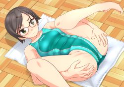 Rule 34 | 1girl, aqua one-piece swimsuit, barefoot, brown hair, competition swimsuit, green eyes, hair ornament, hairclip, highres, legs up, lying, one-piece swimsuit, original, red-framed eyewear, short hair, solo, spread legs, swimsuit, takafumi, wooden floor