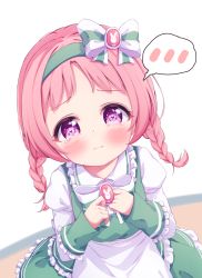 Rule 34 | 1girl, animal print, apron, bow, braid, brooch, child, collared shirt, dress, frilled dress, frills, green dress, green hairband, hair bow, hairband, hands up, highres, jewelry, juliet sleeves, long hair, long sleeves, looking at viewer, low twintails, mimi (princess connect!), mimi (real) (princess connect!), pink hair, princess connect!, puffy sleeves, purple eyes, rabbit print, setmen, shirt, sleeveless, sleeveless dress, sleeves past wrists, solo, spoken blush, standing, striped, striped bow, tears, twin braids, twintails, waist apron, white apron, white bow, white shirt
