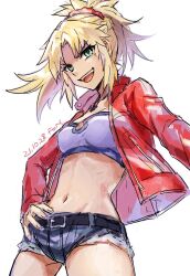 Rule 34 | &gt;:d, 1girl, belt, black belt, blonde hair, cowboy shot, crop top, dated, fate/apocrypha, fate (series), fon-due (fonfon), green eyes, hand on own hip, jacket, long hair, long sleeves, looking at viewer, midriff, mordred (fate), mordred (memories at trifas) (fate), navel, open mouth, ponytail, red jacket, shirt, short shorts, shorts, signature, simple background, solo, white background, white shirt, zipper