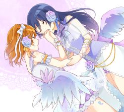 Rule 34 | 10s, 2girls, angel wings, arm grab, bad id, bad pixiv id, bare shoulders, blue hair, blue nails, bow, chisumi, closed eyes, flower, frills, from above, hair bow, hair flower, hair ornament, holding hands, kissing hand, headset, highres, interlocked fingers, kiss, kosaka honoka, love live!, love live! school idol festival, love live! school idol project, low wings, lying, multiple girls, nail polish, on side, orange hair, parted lips, pom pom (clothes), side ponytail, sleeping, sonoda umi, white bow, wings, yellow nails, yuri