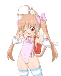 Rule 34 | 1girl, absurdres, ahoge, animal ears, backpack, bag, bow, bowtie, cameltoe, cat ears, cleft of venus, commentary request, cowboy shot, flat chest, hair bow, highleg, highleg leotard, highres, leotard, light brown hair, original, pink bow, pink bowtie, pink leotard, randoseru, red eyes, simple background, solo, standing, striped clothes, striped thighhighs, thighhighs, twintails, white background, yamatotatari