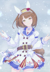Rule 34 | 1girl, absurdres, animal ears, belt, belt buckle, blush, braid, breasts, brown hair, buckle, buttons, choker, closed mouth, cowboy shot, crown braid, double-breasted, ear covers, fingerless gloves, gloves, hairband, hands up, highres, horse ears, jacket, layered skirt, long sleeves, looking at viewer, short hair, single glove, skirt, small breasts, smile, snow, solo, stella (stella), umamusume, white gloves, white jacket, yellow eyes, yukino bijin (umamusume)