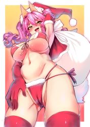 Rule 34 | 1girl, animal ear fluff, animal ears, bag, bikini, blush, breasts, cameltoe, christmas, cleft of venus, fang, fate/extella, fate/extra, fate/extra ccc, fate/grand order, fate (series), fox ears, fox girl, fox tail, fur trim, groin, hat, highres, large breasts, long hair, looking at viewer, looking down, open mouth, pink hair, red thighhighs, santa bikini, santa bra, santa hat, solo, swimsuit, tail, tamamo (fate), tamamo no mae (fate/extra), thighhighs, underboob, underwear, wisespeak, yellow eyes