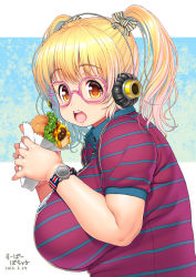 Rule 34 | 10s, 1girl, 2016, blonde hair, blush, bow, breasts, burger, dated, food, glasses, hair bow, hair ornament, headphones, huge breasts, looking at viewer, nitroplus, open mouth, orange eyes, plump, shiny skin, solo, super pochaco, tsuji santa, twintails