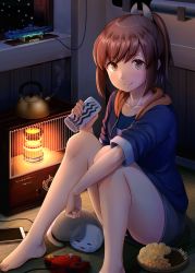 Rule 34 | 1girl, bad id, bad twitter id, barefoot, blush, breasts, brown eyes, brown hair, can, cat, cellphone, chips (food), commentary request, controller, food, game console, game controller, highres, historical name connection, holding, holding can, hood, hood down, hooded jacket, i-400-class-submarine, i-401, i-401 (kancolle), ichikawa feesu, indoors, jacket, kantai collection, looking at viewer, model, model ship, monster energy, mother ship, name connection, nintendo 64 controller, open clothes, open jacket, open mouth, phone, pocky, ponytail, potato chips, school swimsuit, short hair, sitting, sleeping, smartphone, smile, solo, submarine, submarine aircraft carrier, swimsuit, swimsuit under clothes, tan, thighs, torpedo, type 93 torpedo, watercraft