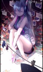 Rule 34 | 1girl, aqua hair, aqua nails, bad id, bad pixiv id, bare legs, barefoot, blurry, cable, depth of field, digital media player, closed eyes, flower, hatsune miku, head rest, highres, listening to music, long hair, lyodi, nail polish, photo (object), sitting, smile, solo, twintails, very long hair, vocaloid
