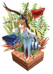Rule 34 | 1girl, :o, angelfish, arm at side, barefoot, beanie, blush, brown eyes, brown hair, capri pants, catfish, collarbone, faux figurine, fish, full body, hat, highres, leaning forward, long hair, long sleeves, looking afar, mini person, minigirl, off-shoulder shirt, off shoulder, original, overalls, pants, plant, shading eyes, shirt, shrimp, siamese fighting fish, sidelocks, simple background, solo, standing, tropical fish, umino hotate, white background, white shirt