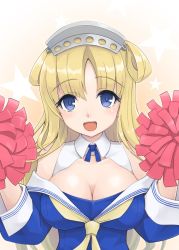 Rule 34 | 1girl, blonde hair, blue eyes, blue shirt, breasts, cleavage, commentary request, double bun, fletcher (kancolle), gloves, gradient background, hair bun, hairband, highres, kantai collection, large breasts, long hair, looking at viewer, mmt uf, neckerchief, off shoulder, open mouth, orange background, pom pom (cheerleading), sailor collar, school uniform, serafuku, shirt, smile, solo, star (symbol), starry background, upper body, white gloves, white sailor collar, yellow neckerchief