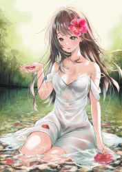 Rule 34 | 1girl, blush, breasts, brown hair, cleavage, collarbone, day, dress, floating hair, flower, green eyes, hair flower, hair ornament, hibiscus, highres, holding, holding petal, lake, long hair, medium breasts, nail polish, off shoulder, open mouth, original, outdoors, petals, pink nails, red flower, see-through, short dress, sitting, sleeveless, sleeveless dress, solo, timo wei95, very long hair, wet, wet clothes, wet dress, white dress
