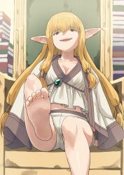 1girl barefoot blonde_hair book breasts cleavage earclip earrings elf feet foot_focus gem green_gemstone hair_tubes highres jewelry leg_up long_hair looking_at_viewer medium_breasts open_mouth pile_of_books pointy_ears robe serie_(sousou_no_frieren) shorts sitting sitting_on_throne smile soles solo sousou_no_frieren syagare twintails white_shorts yellow_eyes