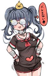 Rule 34 | 1girl, ahoge, alternate costume, azur lane, bandaged arm, bandaged neck, bandages, bandaid, bandaid on cheek, bandaid on face, bird, black gloves, black shorts, blue hair, breasts, brown skirt, chick, coke-bottle glasses, commentary request, cowboy shot, cross, cross necklace, forked tongue, glasses, gloves, hands on own hips, heart, highres, italian flag, jewelry, large breasts, long hair, manjuu (azur lane), marco polo (azur lane), neckerchief, necklace, red neckerchief, sailor collar, sassa (onion), short sleeves, shorts, simple background, skirt, sparkle, tongue, tongue out, translation request, twintails, white background, white sailor collar