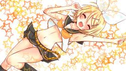 Rule 34 | 1girl, anzu 495, armpits, bad id, bad pixiv id, belt, blonde hair, bow, breasts, collarbone, closed eyes, fang, groin, hair ornament, hair ribbon, hairclip, highres, hina no anzu, kagamine rin, midriff, navel, no bra, open mouth, panties, pantyshot, ribbon, skirt, small breasts, socks, solo, standing, star (symbol), starry background, underboob, underwear, upskirt, vocaloid, white panties