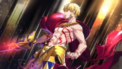 Rule 34 | 1boy, abs, armor, bare arms, blonde hair, cape, cowboy shot, ea (fate/stay night), earrings, fate/grand order, fate (series), faulds, fingernails, from side, gilgamesh (fate), grin, holding, holding sword, holding weapon, jewelry, lock, lock earrings, male focus, necklace, parted lips, red cape, red eyes, topless male, smile, solo, standing, sword, tattoo, tenobe, weapon