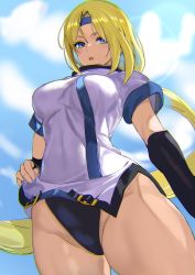 Rule 34 | 1girl, ashiomi masato, blonde hair, blue eyes, blue sky, breasts, clothes lift, clothes pull, cloud, cloudy sky, detached sleeves, from above, guilty gear, guilty gear x, guilty gear xx, headband, highres, large breasts, leotard, long hair, looking at viewer, millia rage, open mouth, skin tight, sky, solo, thick thighs, thighs