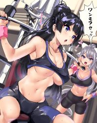 Rule 34 | 2girls, :o, absurdres, armpits, bare shoulders, black hair, black shirt, black shorts, blue eyes, blush, bow, breasts, cleavage, collarbone, commentary request, exercising, hair bow, hair ornament, hairclip, hand on own hip, highres, higuchi kaede, large breasts, long hair, looking at viewer, looking away, midriff, mole, mole under eye, multiple girls, navel, nijisanji, open mouth, ponytail, purple eyes, shashaki, shirt, short shorts, shorts, silver hair, sitting, sleeveless, sleeveless shirt, speech bubble, sports bra, standing, stomach, sweat, sweatband, tank top, translation request, tsukino mito, v-shaped eyebrows, virtual youtuber, weightlifting, white bow