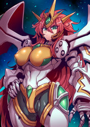 Rule 34 | 1girl, breasts, covered erect nipples, green eyes, hair between eyes, hand on own hip, highres, large breasts, long hair, looking down, mecha, navel, open hand, red hair, robot, science fiction, solo, space, super robot wars, super robot wars original generation, tukiwani, v-shaped eyebrows, valsione, very long hair
