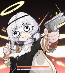 Rule 34 | 1girl, adapted costume, aiming, aiming at viewer, arknights, black dress, closed mouth, crossover, dress, gun, halo, handgun, highres, holding, holding gun, holding weapon, honkai (series), honkai impact 3rd, kengniang, long hair, long sleeves, meme, nun, side ponytail, sleep mask, smile, solo, teri derp (meme), theresa apocalypse, theresa apocalypse (valkyrie pledge), upper body, weapon, white hair, wings