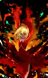 Rule 34 | 1girl, aki shizuha, arms up, blonde hair, dissolving clothes, dress, ginji (sakaki summer), hair ornament, leaf hair ornament, long sleeves, looking at viewer, orange eyes, red dress, sleeves past wrists, smile, solo, touhou, wide sleeves