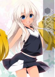 Rule 34 | 1girl, artist name, bike shorts, blonde hair, blue eyes, character name, cheering, cheerleader, commentary request, cowboy shot, highres, holding, holding pom poms, inaba shiki, kantai collection, long hair, looking at viewer, miniskirt, one-hour drawing challenge, one-piece tan, open mouth, pleated skirt, pom pom (cheerleading), pom poms, ro-500 (kancolle), shirt, short shorts, shorts, skirt, sleeveless, sleeveless shirt, smile, solo, tan, tanline, teeth, upper teeth only