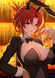 Rule 34 | 1girl, animal ears, black bow, black bowtie, black jacket, blush, bottle, bow, bowtie, breasts, brown leotard, cleavage, closed mouth, commentary request, cup, drink, drinking glass, fake animal ears, forehead, hair between eyes, hand up, highres, holding, holding cup, honkai (series), honkai impact 3rd, ice, ice cube, indoors, jacket, large breasts, leotard, light smile, long sleeves, murata himeko, parted bangs, playboy bunny, qunqing, rabbit ears, red eyes, red hair, sidelocks, solo, strapless, strapless leotard, upper body, wing collar