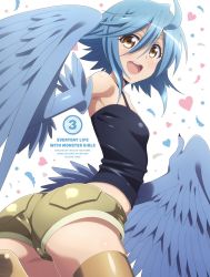 Rule 34 | 10s, 1girl, ass, back, bare shoulders, blue hair, breasts, brown eyes, harpy, highres, looking at viewer, monster girl, monster musume no iru nichijou, official art, open mouth, papi (monster musume), short hair, shorts, small breasts, smile, solo, wings