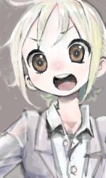 Rule 34 | 1girl, blonde hair, brown eyes, business suit, formal, gaihan umeboshi mitchell, grey background, jubigamura, long sleeves, lowres, open mouth, original, ponytail, short hair, shouting, simple background, sketch, solo, suit