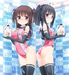 Rule 34 | 2girls, ass, black gloves, black hair, black legwear, blush, breasts, brown eyes, brown hair, cameltoe, covered navel, elbow gloves, covered erect nipples, fake wings, gloves, hairband, head wings, highres, homura subaru, impossible clothes, impossible leotard, large breasts, leotard, long hair, looking at viewer, multiple girls, one-piece swimsuit, original, race queen, short hair with long locks, skindentation, smile, swimsuit, thighhighs, translation request, twintails, two side up, vest, wings