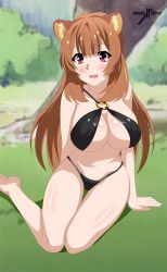 Rule 34 | 1girl, absurdres, animal ears, bare shoulders, blush, breasts, brown hair, highres, indexryo, large breasts, long hair, open mouth, raccoon ears, raccoon girl, raphtalia, red eyes, smile, swimsuit, tagme, tate no yuusha no nariagari