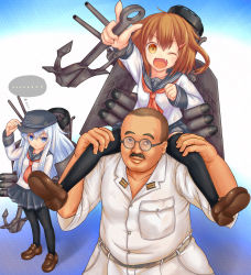 Rule 34 | ..., 10s, 1boy, 2girls, :d, anchor, aqua hair, blue eyes, brown eyes, brown hair, carrying, em s, fang, glasses, hair ornament, hairclip, hat, hat tip, hibiki (kancolle), highres, ikazuchi (kancolle), kantai collection, kudou shunsaku, long hair, looking at viewer, machinery, multiple girls, neckerchief, one eye closed, open mouth, pantyhose, personification, pointing, red neckerchief, school uniform, serafuku, short hair, shoulder carry, skirt, smile, thighhighs, wink