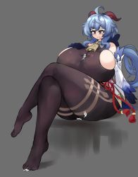 Rule 34 | 1girl, 3boys, ahoge, blue hair, bodysuit, breasts, cowbell, dot nose, faceless, faceless male, ganyu (genshin impact), genshin impact, giant, giantess, gigantic breasts, gipehtyboo, goat horns, grey background, hand on own chest, hat, highres, horns, huge breasts, mini hat, mini top hat, multiple boys, sideboob, sitting, sitting on person, skin tight, stepping on person, thick thighs, thighs, top hat, wide hips