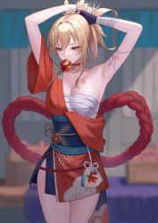 Rule 34 | 1girl, absurdres, armpits, arms up, bag, bandages, bare arms, black gloves, blonde hair, blue sash, blurry, blurry background, breasts, chest sarashi, chest tattoo, choker, cleavage, commentary, cowboy shot, fingerless gloves, genshin impact, gloves, hair between eyes, hair intakes, highres, japanese clothes, kimono, medium breasts, mouth hold, obi, orange eyes, red choker, red kimono, rh og69, sarashi, sash, short kimono, single glove, solo, standing, strapless, tattoo, thighs, tube top, tying hair, wrist wrap, yoimiya (genshin impact)