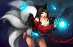 Rule 34 | 1girl, ahri (league of legends), animal ears, bare shoulders, black hair, breasts, cleavage, fox ears, fox tail, ippus, korean clothes, large breasts, league of legends, leaning forward, lips, long hair, looking at viewer, magic, multiple tails, solo, tail, whiskers, unfinished, yellow eyes